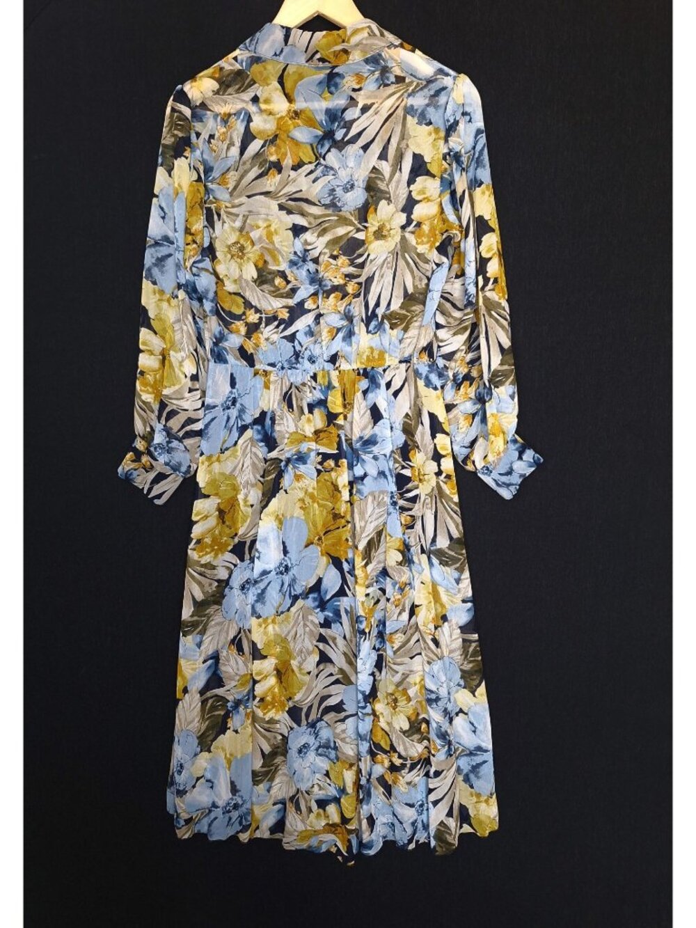 💙 Stella & Julie Floral Shirt Dress Size 8 Blue Yellow Button Front Long Sleeve - Picture 7 of 8